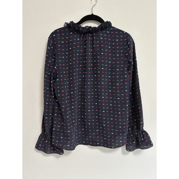 Jcrew 100% Silk Blouse Top Ruffle Navy Lips Long Sleeve Women's Size‎ 6 Split - Picture 4 of 9